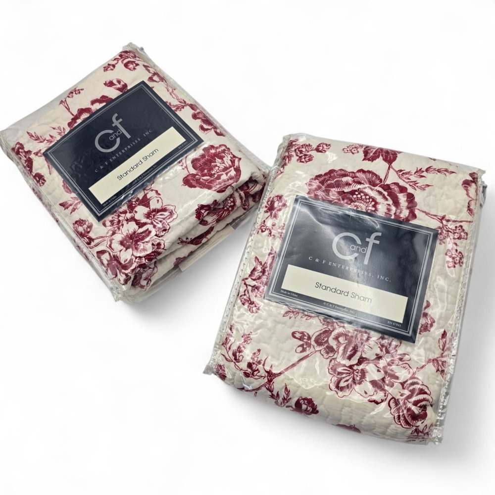Williamsburg Devon Cranberry Floral Toile Pillow Shams Set 2 Standard 20x26 NWT - Picture 7 of 8